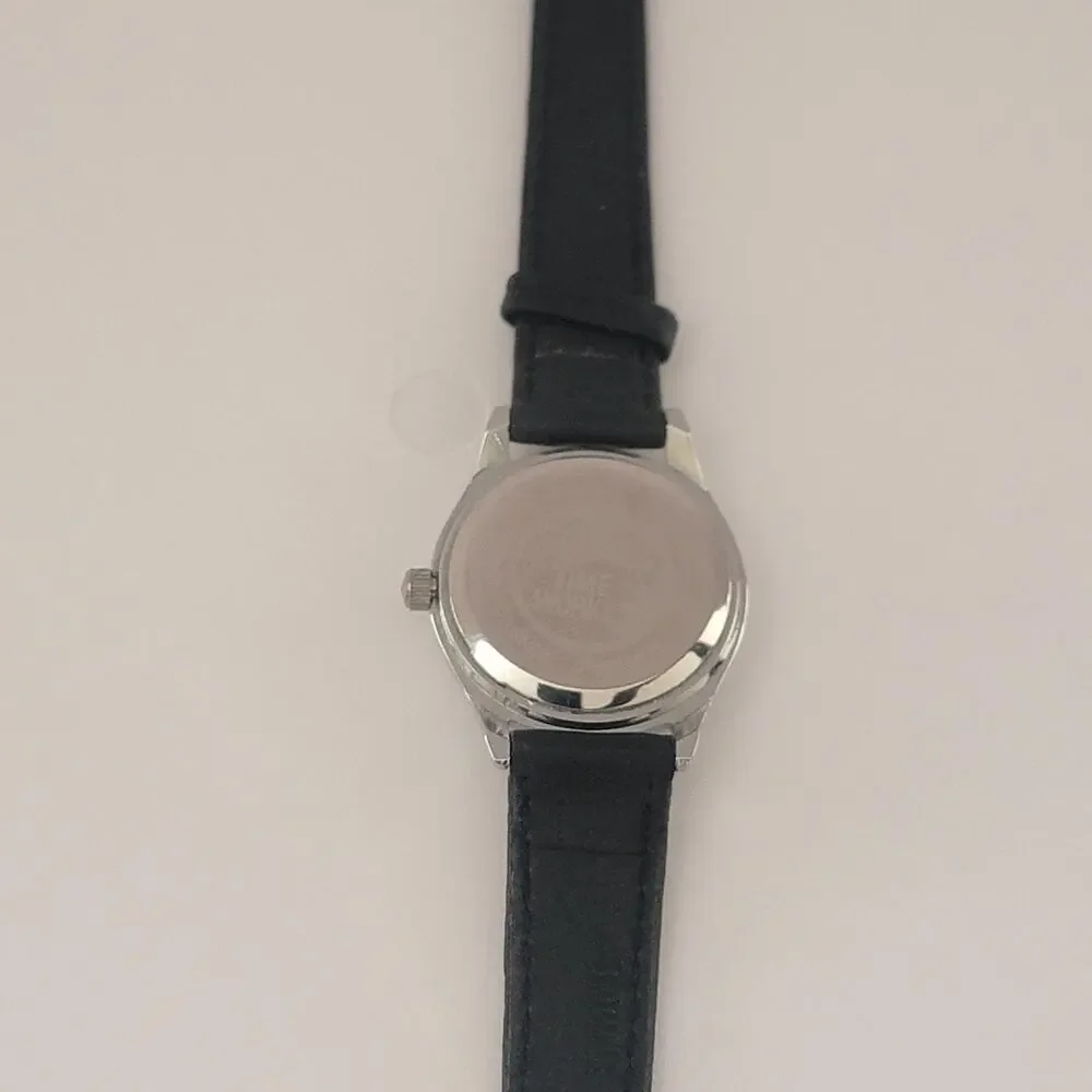 Disney Womens Watch White Dial Silver Case Black Leather Strap Quartz Analog